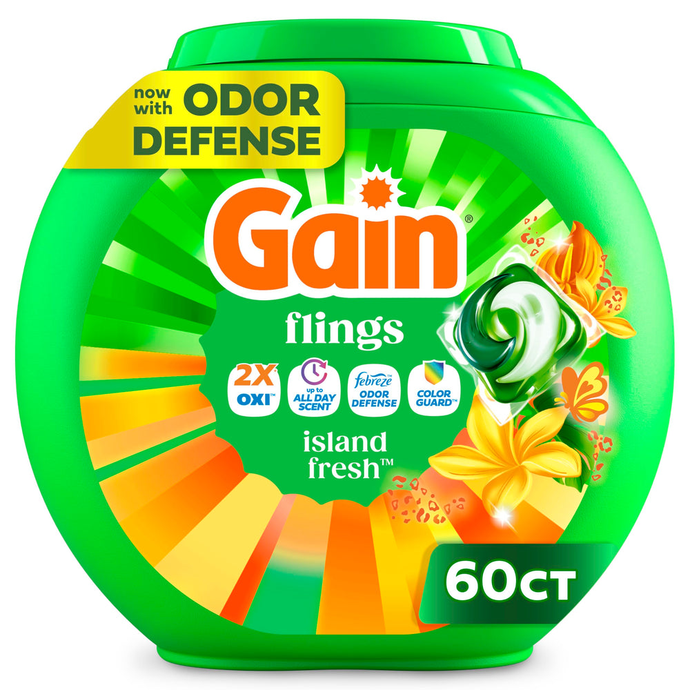 Gain envase frontal de 60 pacs mostrando diseño y conveniencia