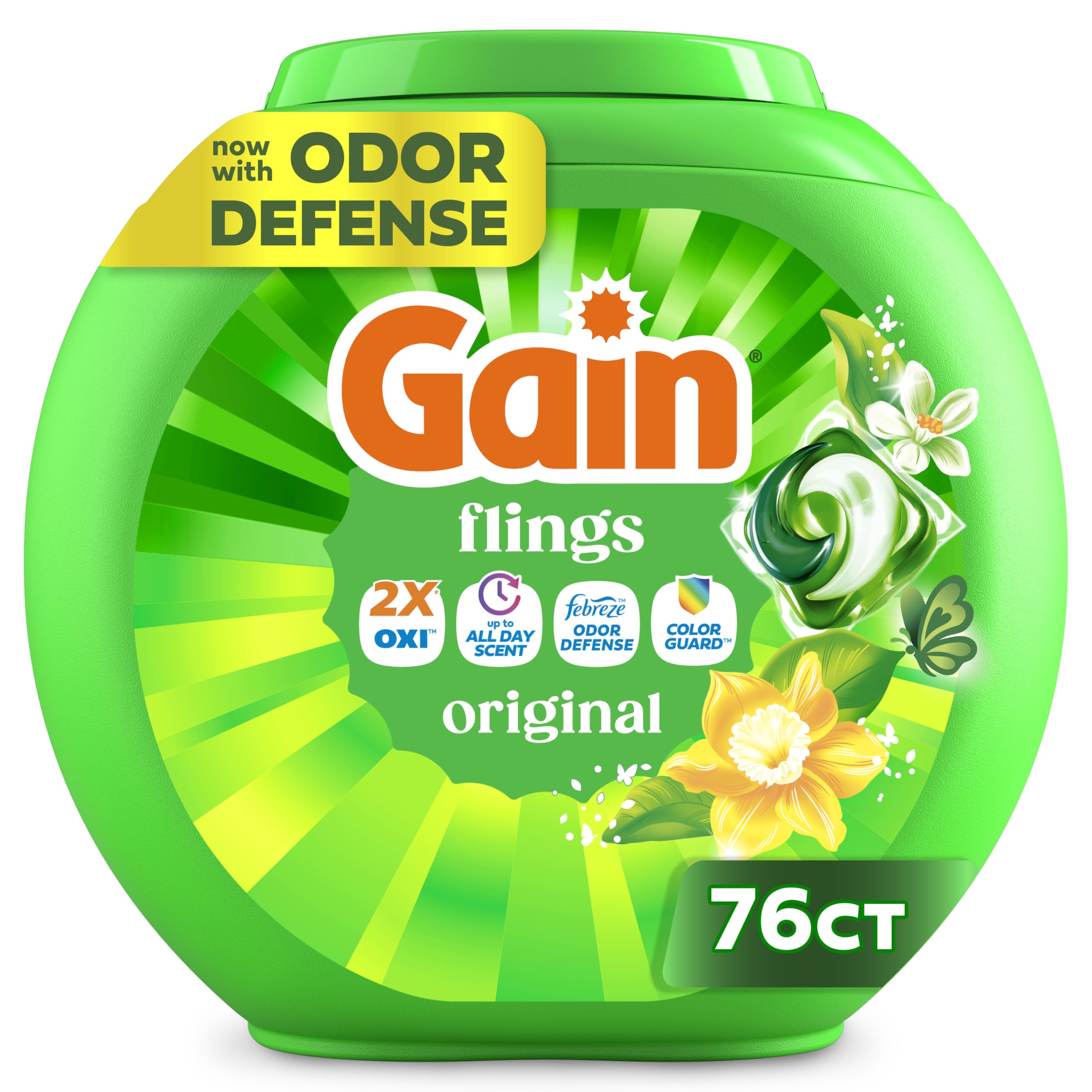 Gain envase frontal 76 unidades mostrando marca y conteo para compra clara