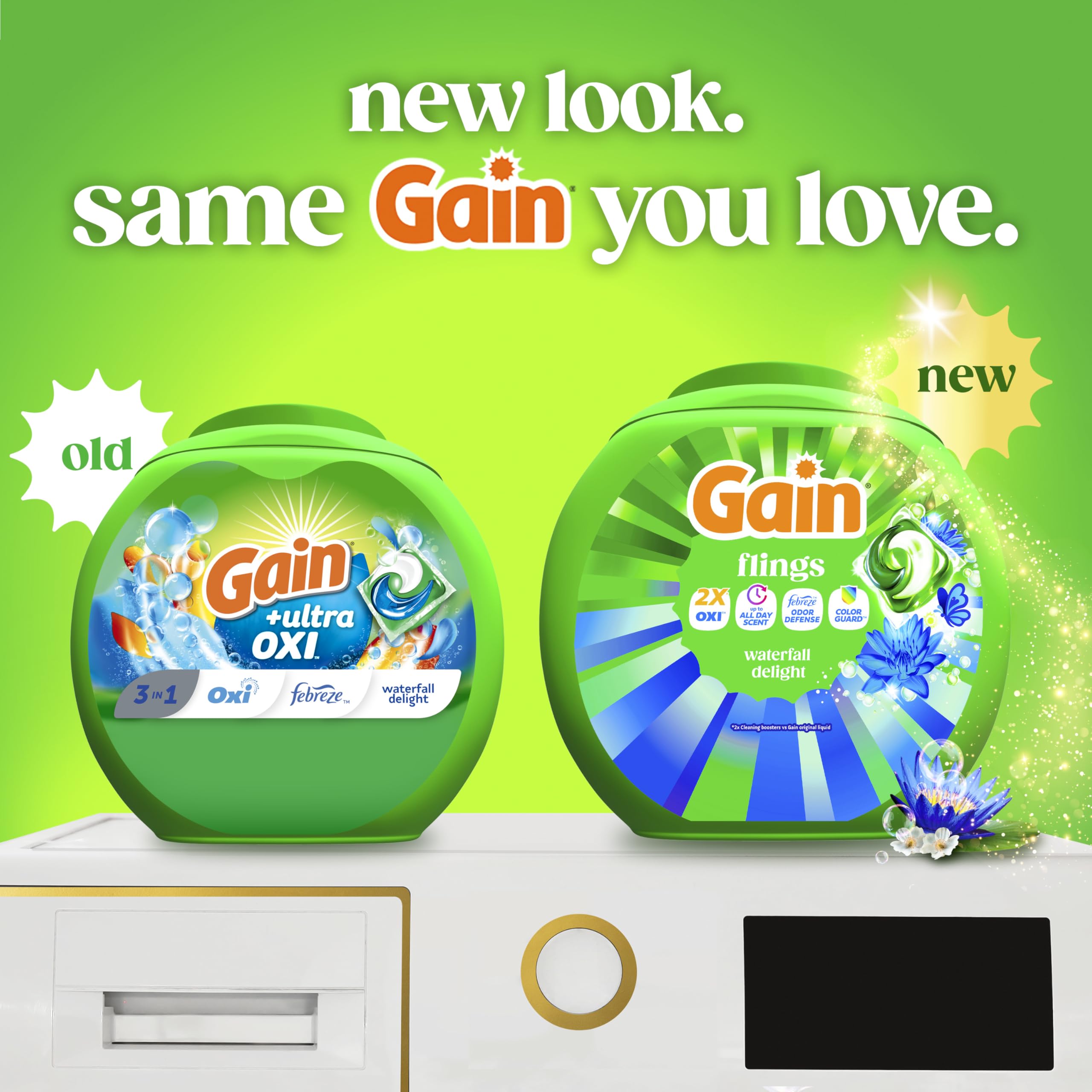 Gain Flings tapa abierta con cápsulas visibles y acceso fácil