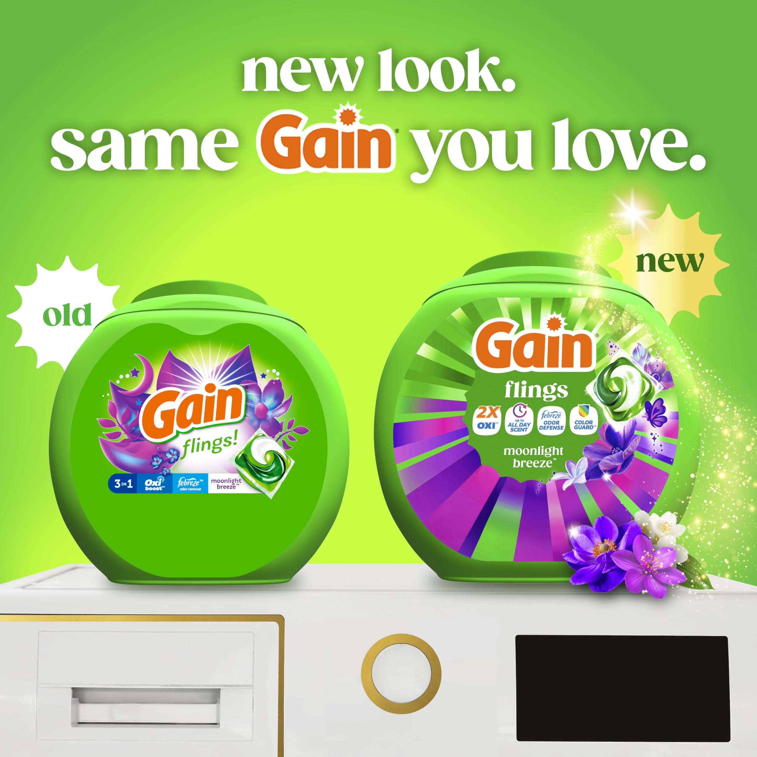 Detalle de tapa y textura del envase Gain Flings para almacenamiento seguro