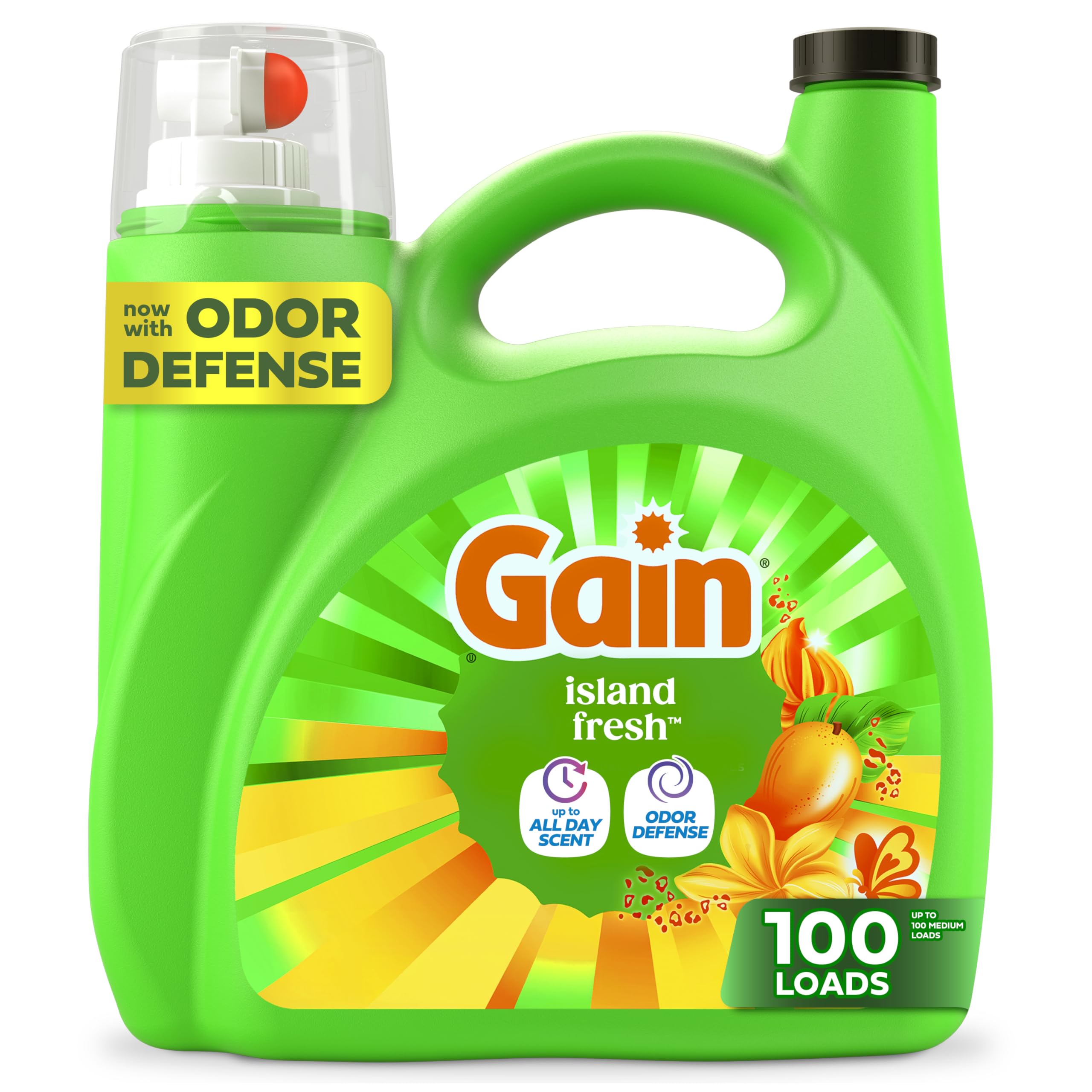 Gain envase frontal Island Fresh mostrando tamaño 132 fl oz y aroma tropical