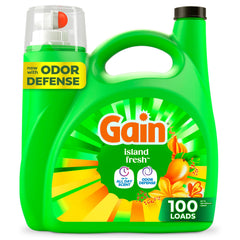 Gain envase frontal Island Fresh mostrando tamaño 132 fl oz y aroma tropical