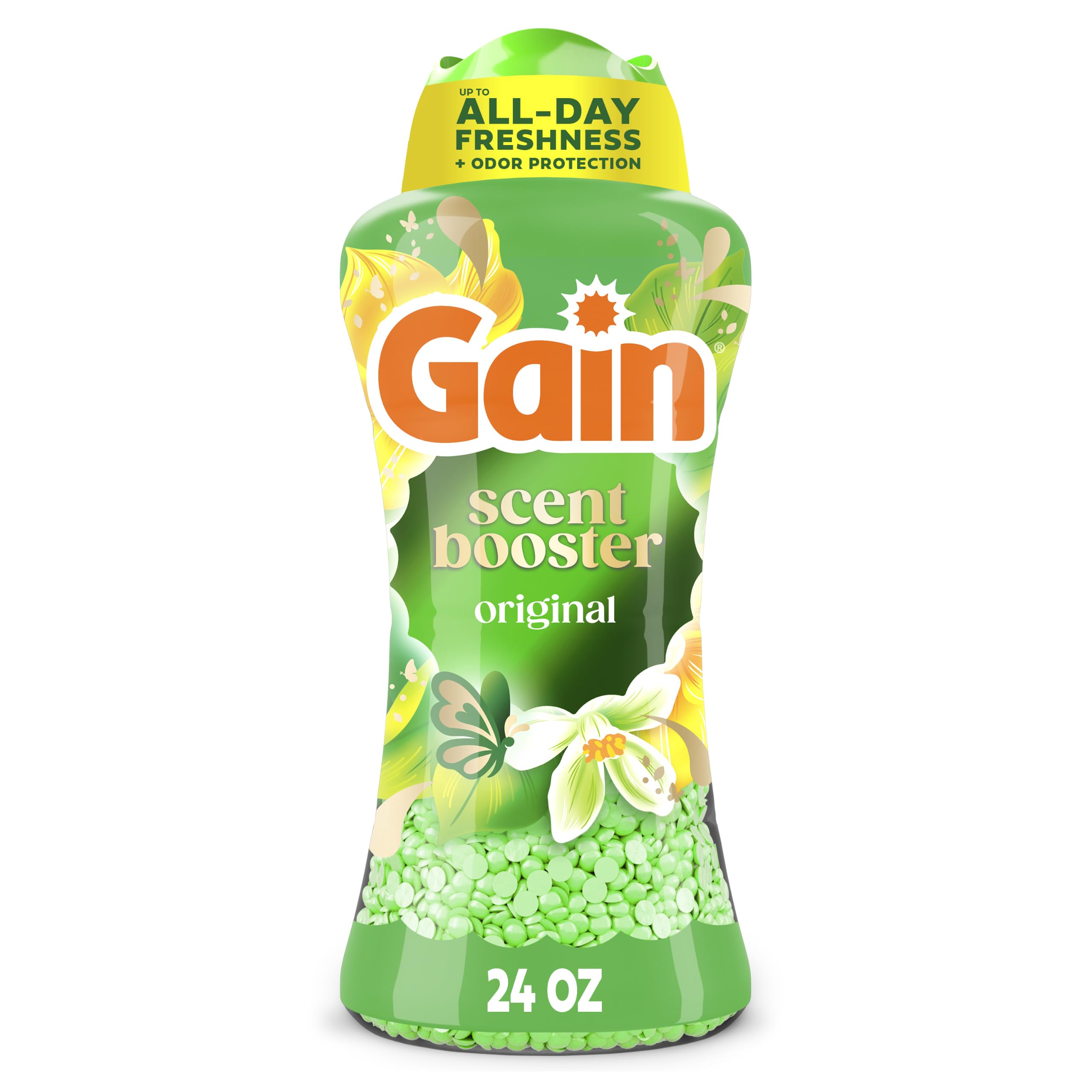 Gain envase frontal de perlas aromáticas mostrando 24 oz y diseño de la marca para identificación rápida