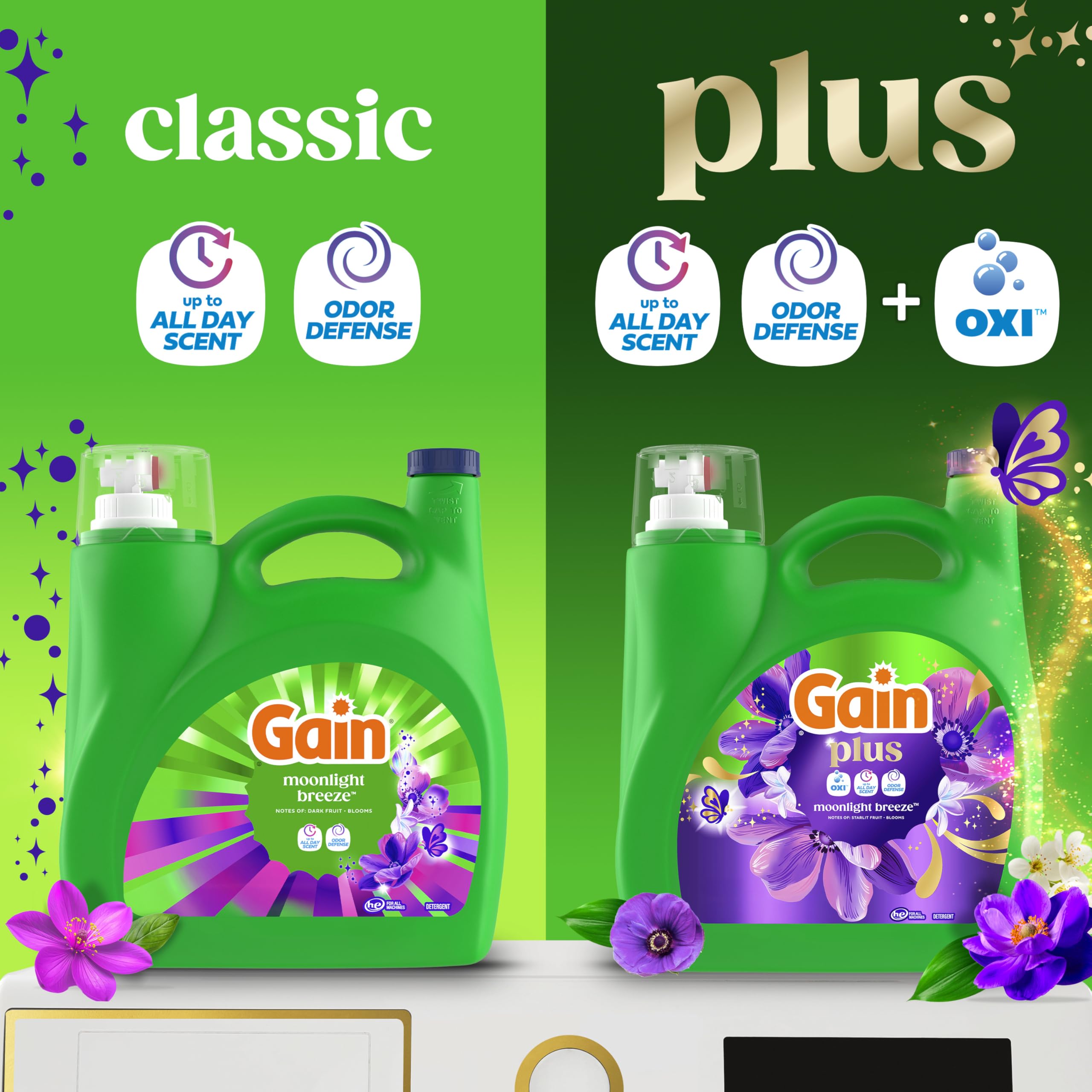 Gain Plus etiqueta con Oxi visible para limpieza potenciada