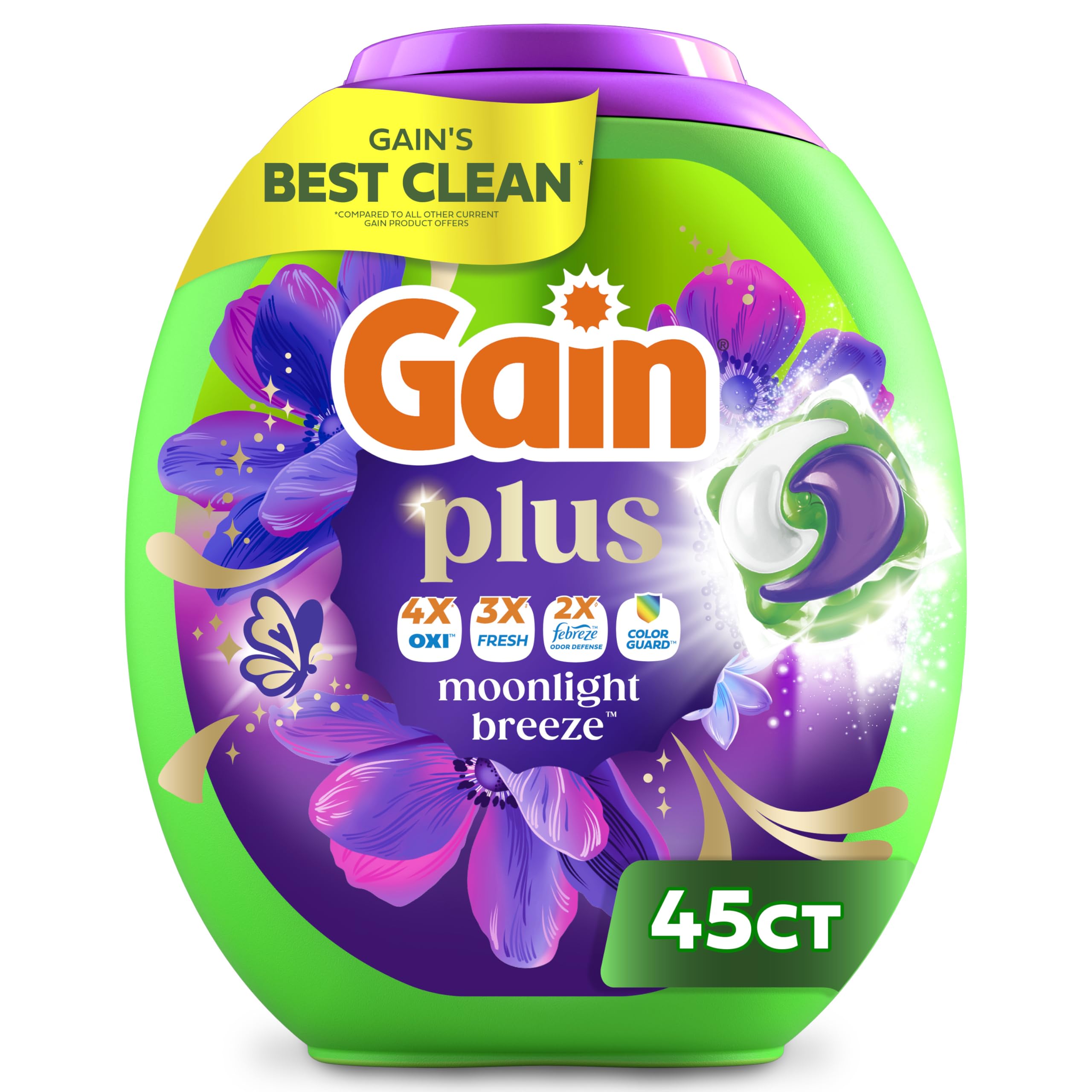 Gain envase frontal mostrando 45 pacs y beneficio de limpieza potente