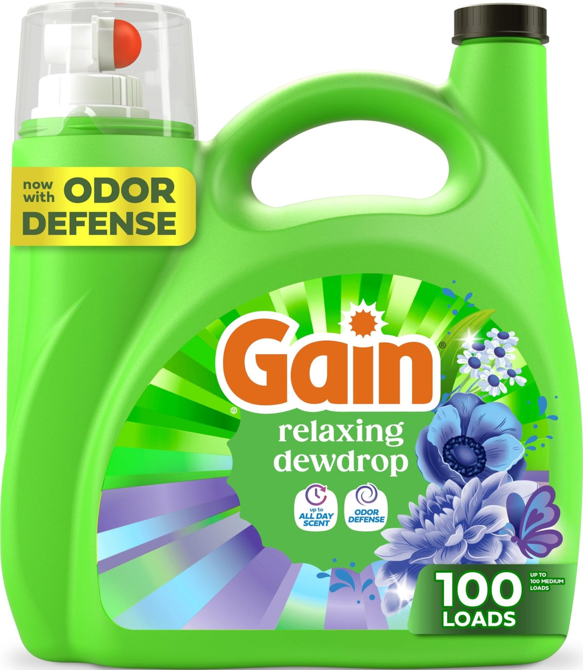 Gain envase frontal mostrando 132 fl oz y beneficio de olor duradero