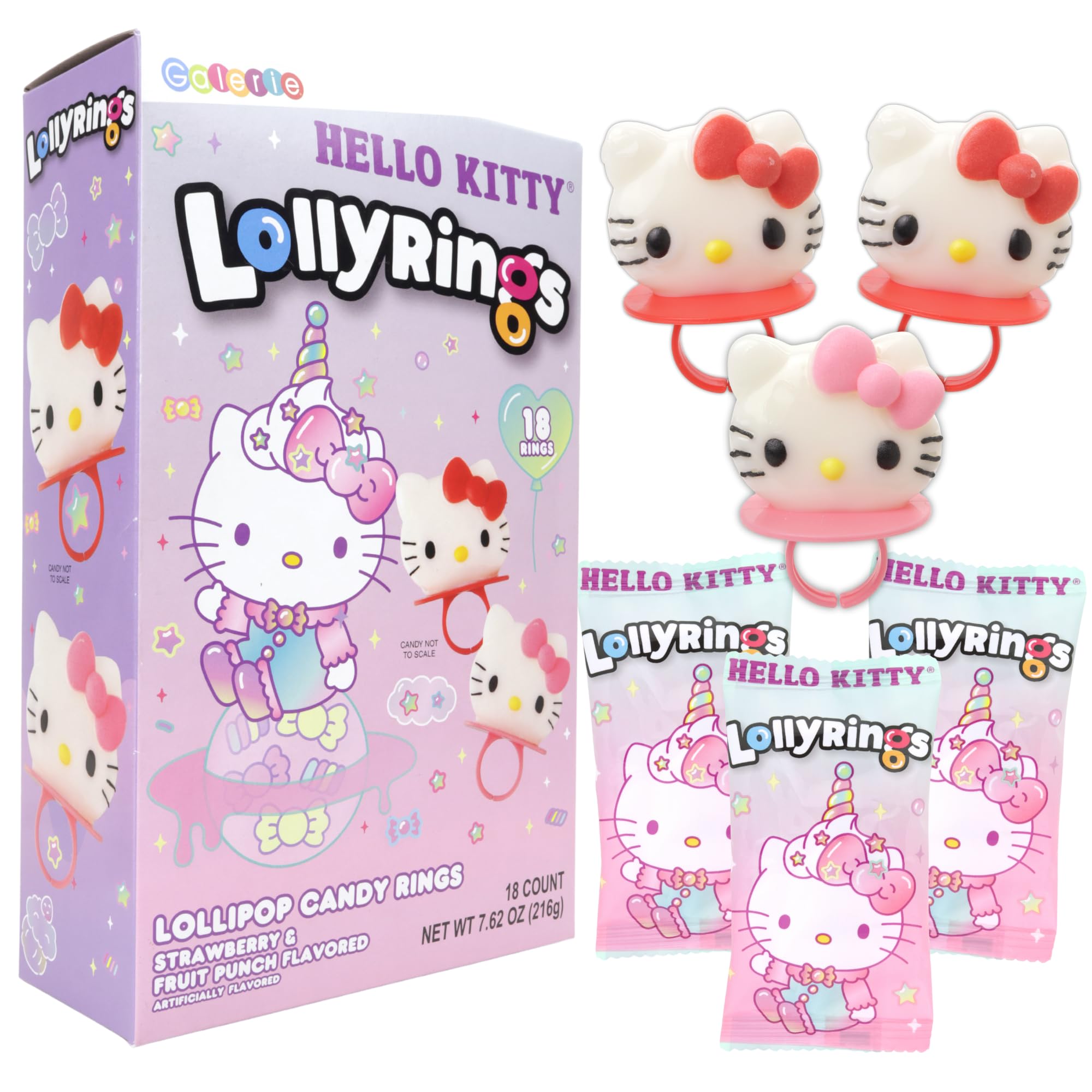 Galerie Hello Kitty caja frontal mostrando 18 anillos para fiestas, ideal para recuerdos
