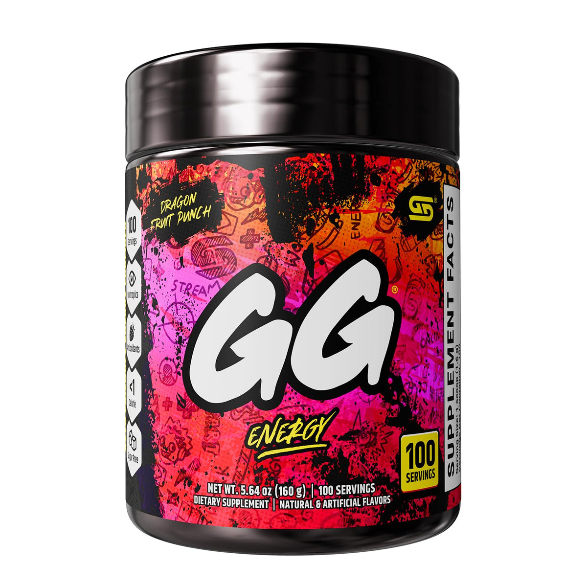 Gamer Supps tarro frontal mostrando etiqueta y diseño atractivo