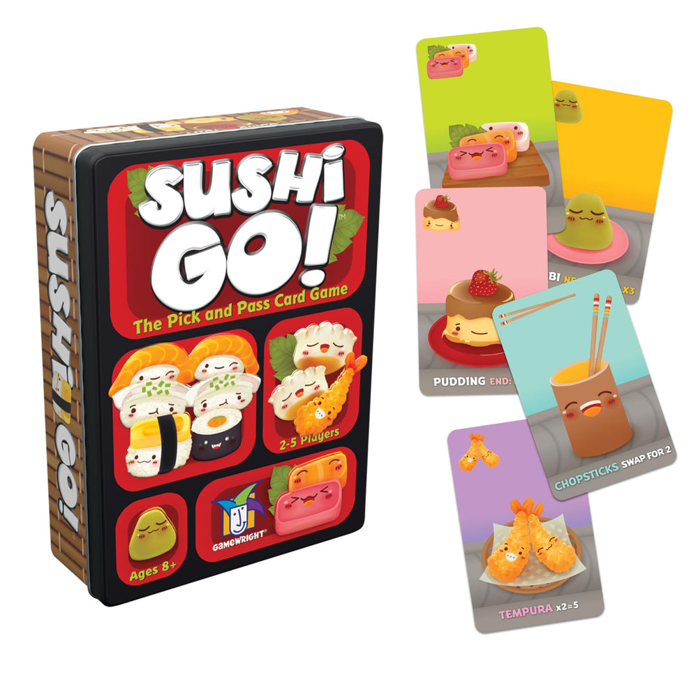 Gamewright Sushi Go empaque frontal mostrando diseño y facilidad de transporte