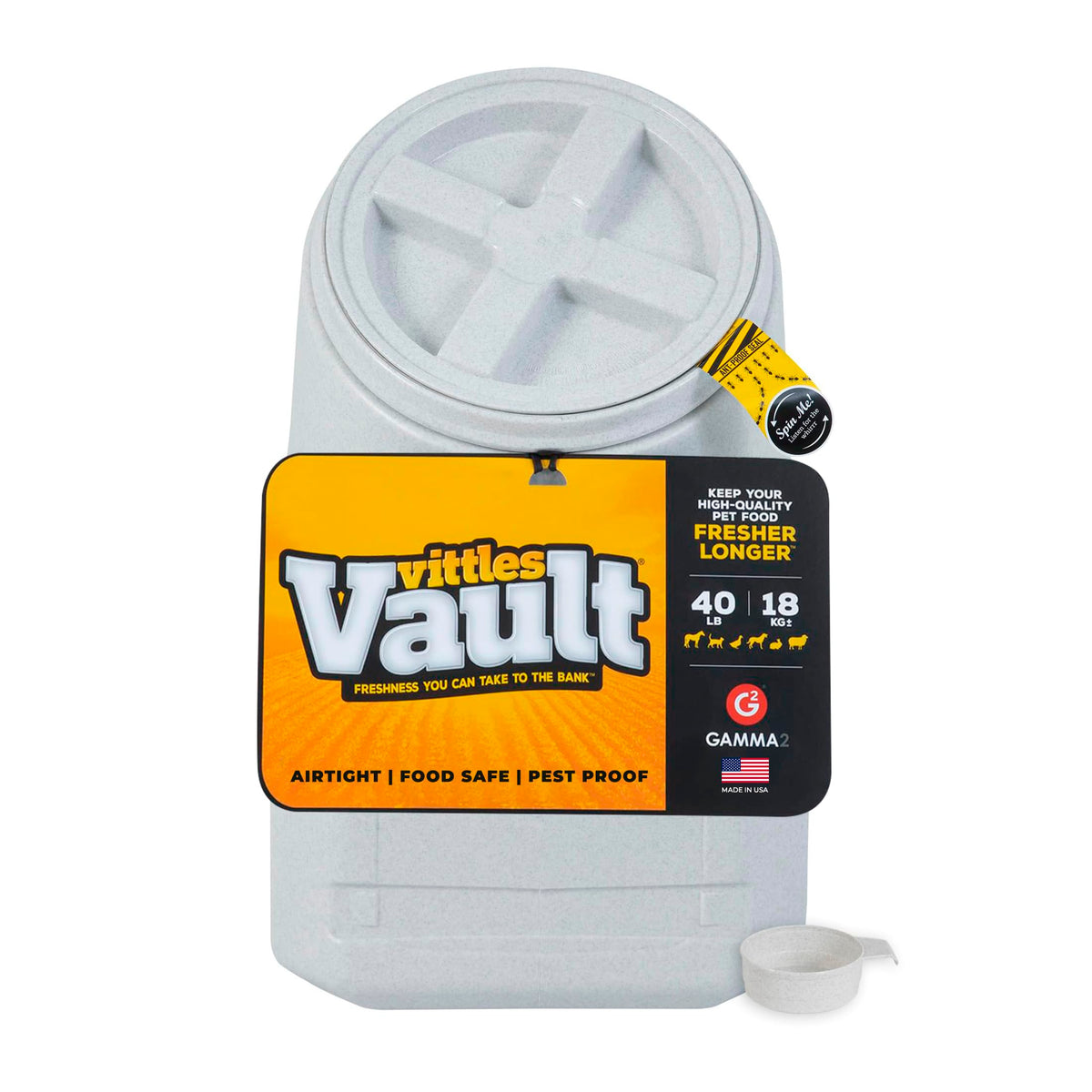 Gamma2 Vittles Vault vista frontal mostrando capacidad y sello hermético