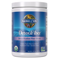 Garden of Life envase frontal mostrando Detoxifiber y beneficio de fibra diaria