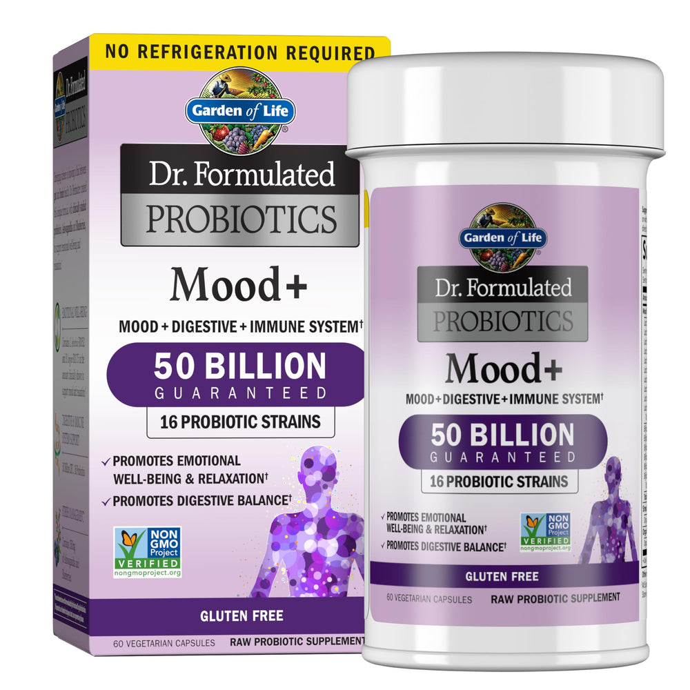 Garden of Life envase frontal Mood+ mostrando 60 cápsulas y beneficios
