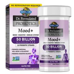 Garden of Life envase frontal Mood+ mostrando 60 cápsulas y beneficios