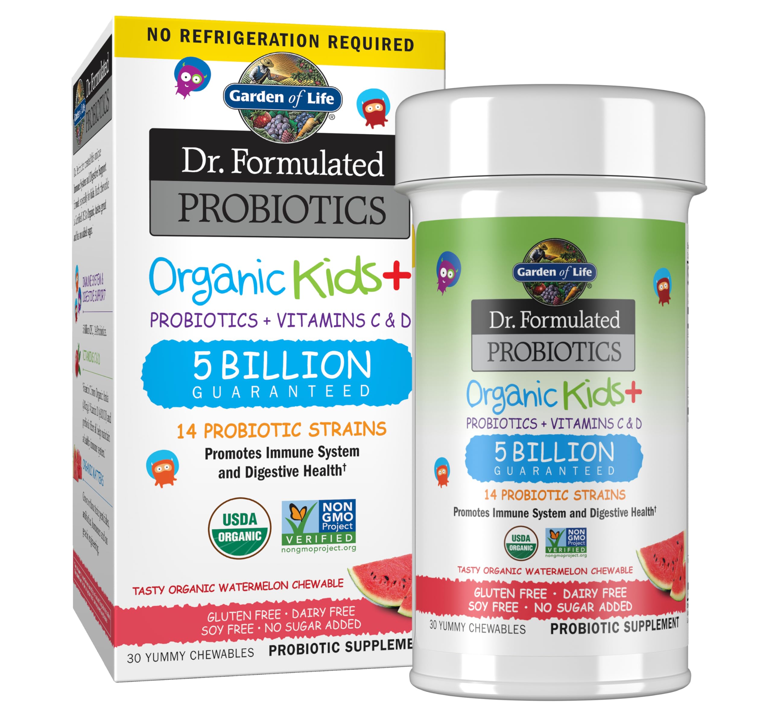 Garden of Life frasco delante con masticables sabor sandía mostrando beneficio práctico