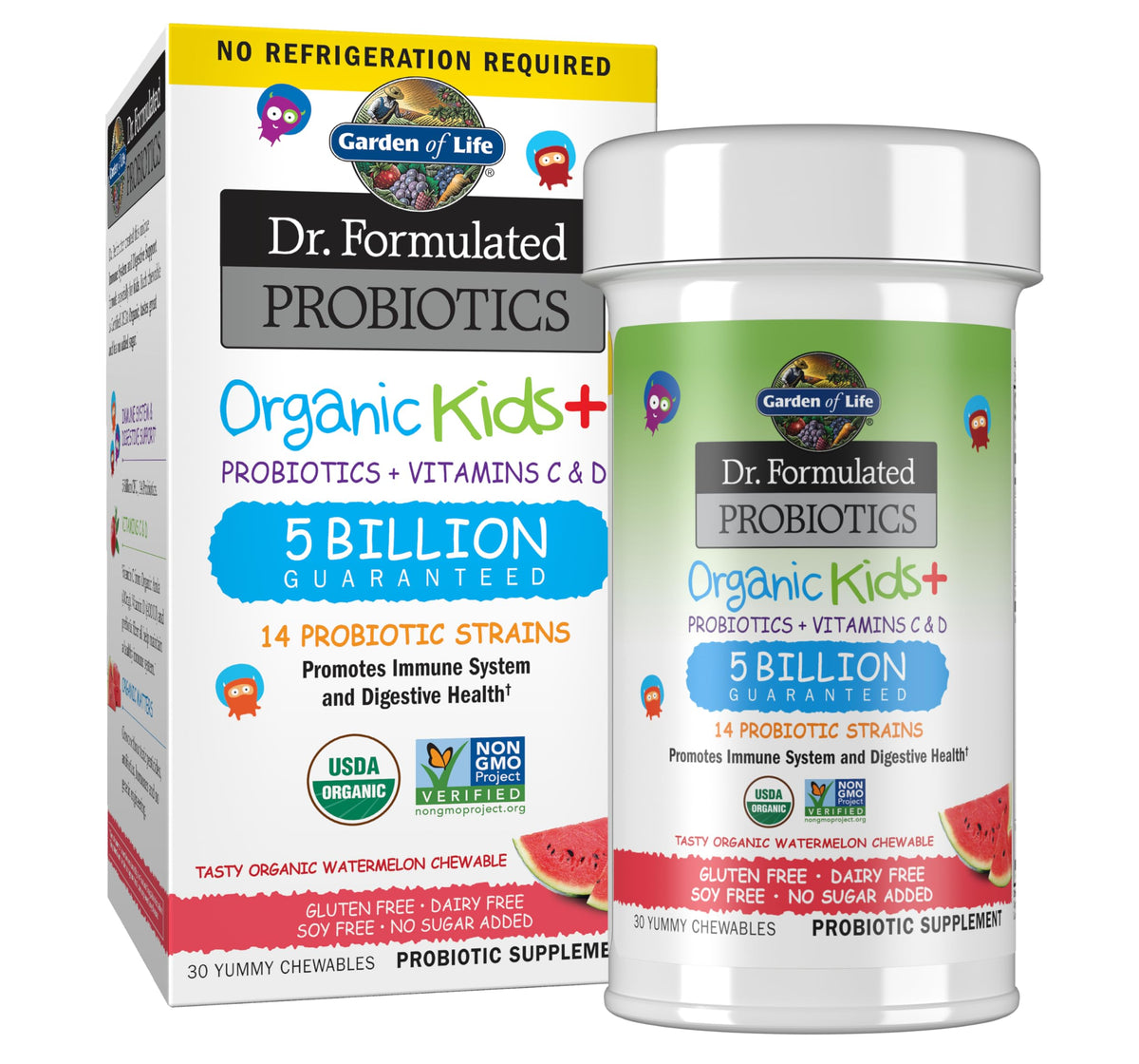 Garden of Life frasco delante con masticables sabor sandía mostrando beneficio práctico