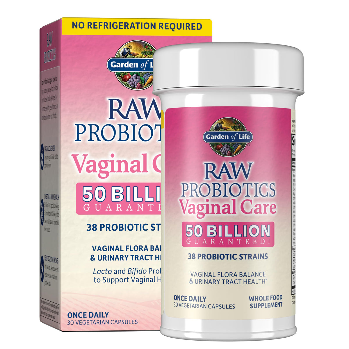 Garden of Life frasco frontal mostrando 30 cápsulas y beneficios claros