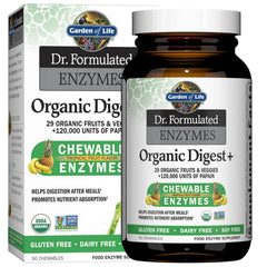 Garden of Life envase frontal mostrando 90 tabletas y sabor tropical, apoyo digestivo práctico