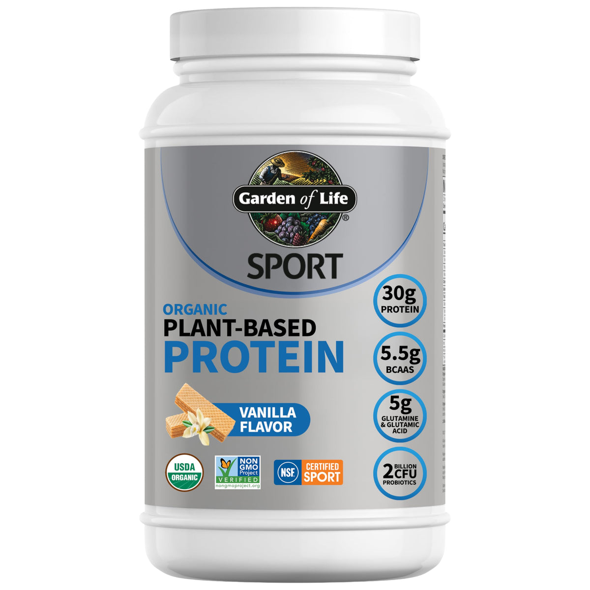 Garden of Life envase frontal sabor vainilla mostrando certificaciones y beneficios