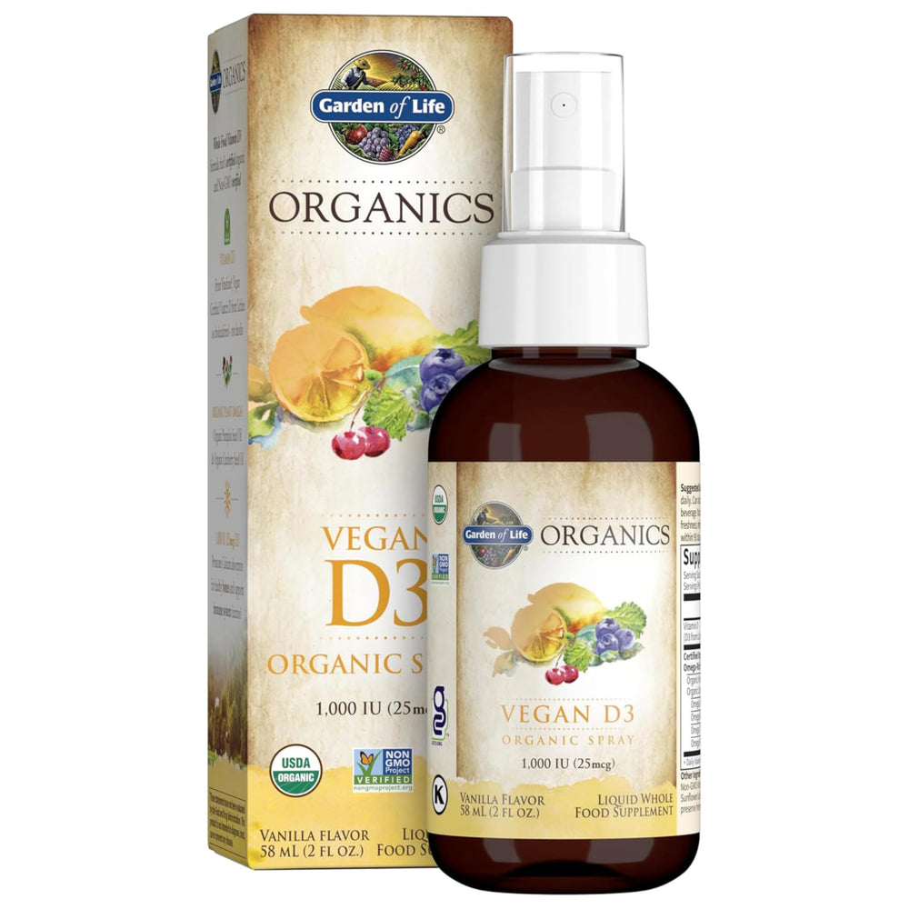 Garden of Life envase frontal del spray D3 vainilla, fácil identificación y uso