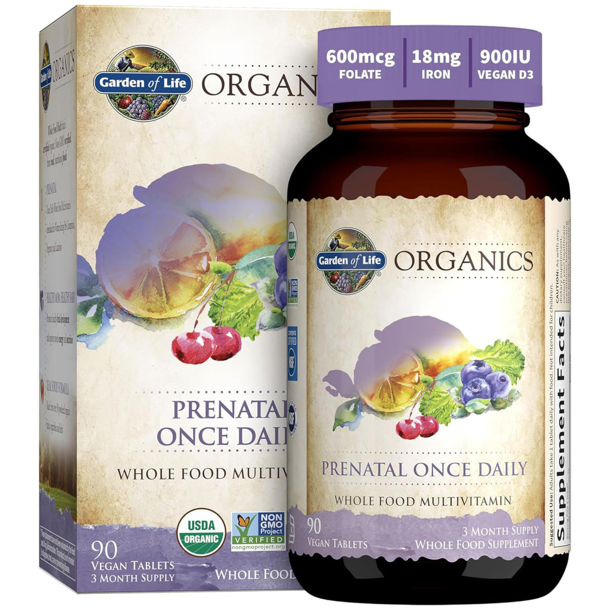 Garden of Life frontal del envase que muestra fórmula prenatal orgánica y beneficio nutricional