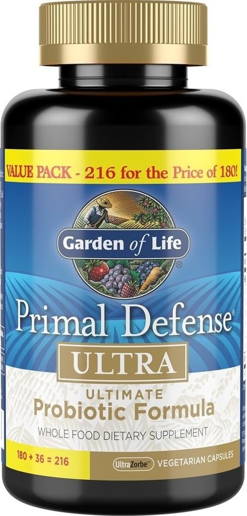 Garden of Life frasco frontal mostrando 216 cápsulas y beneficios de estabilidad