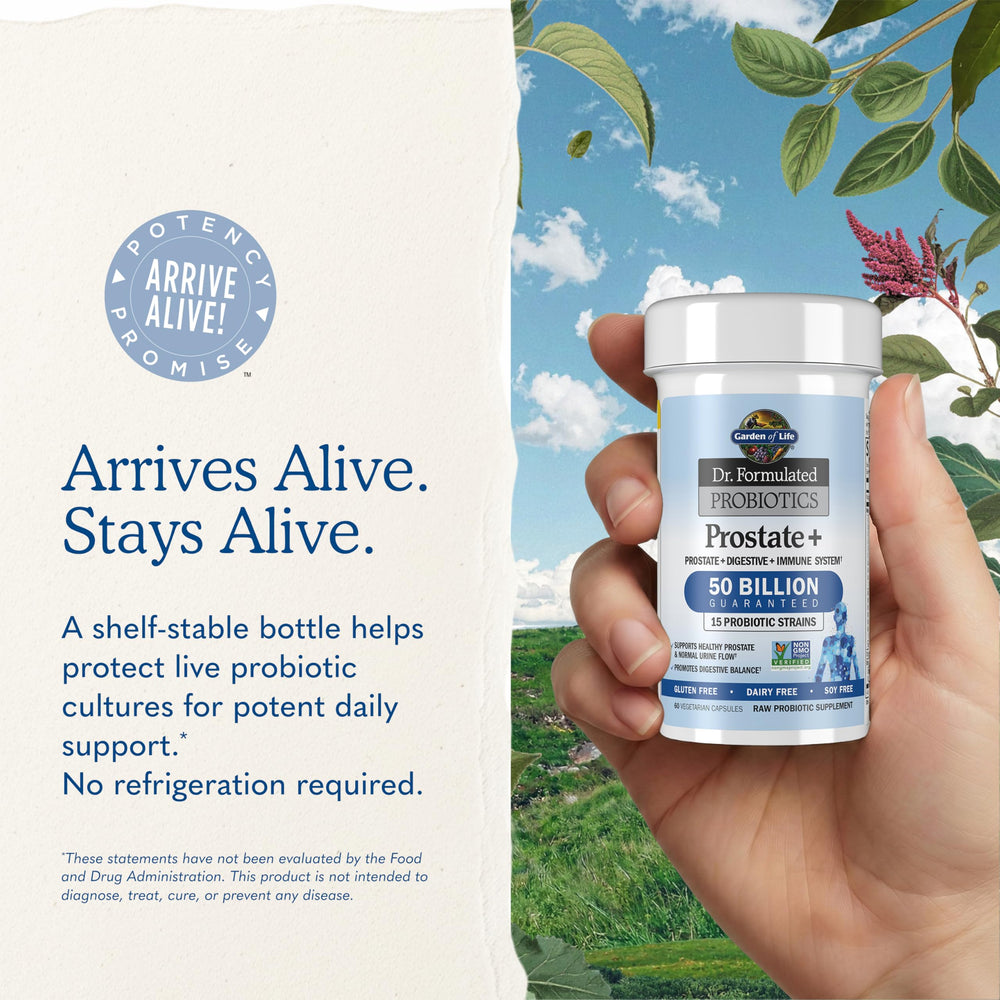 Garden of Life cápsulas Prostate+ junto a regla para comparar tamaño y cantidad