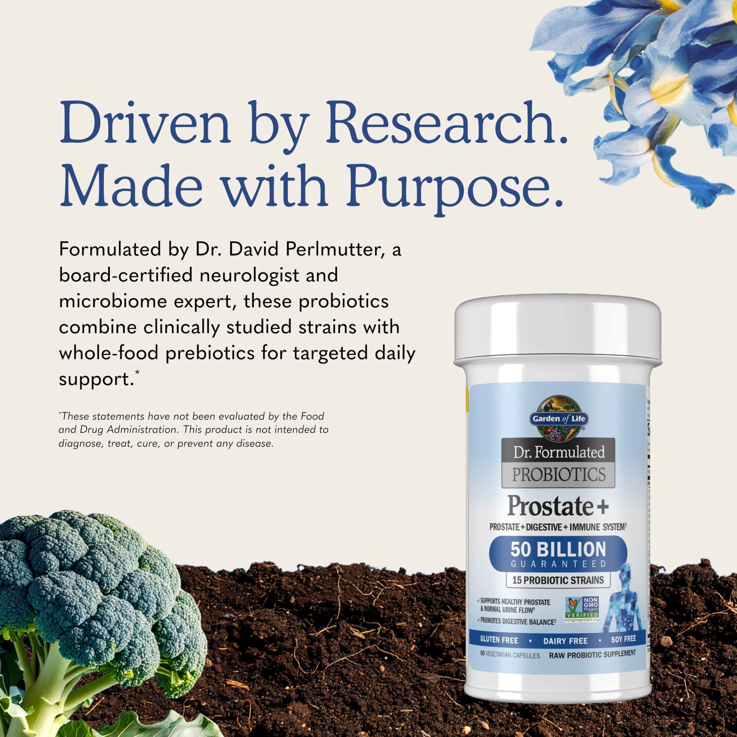 Garden of Life producto Prostate+ en baño junto a otros productos de cuidado diario