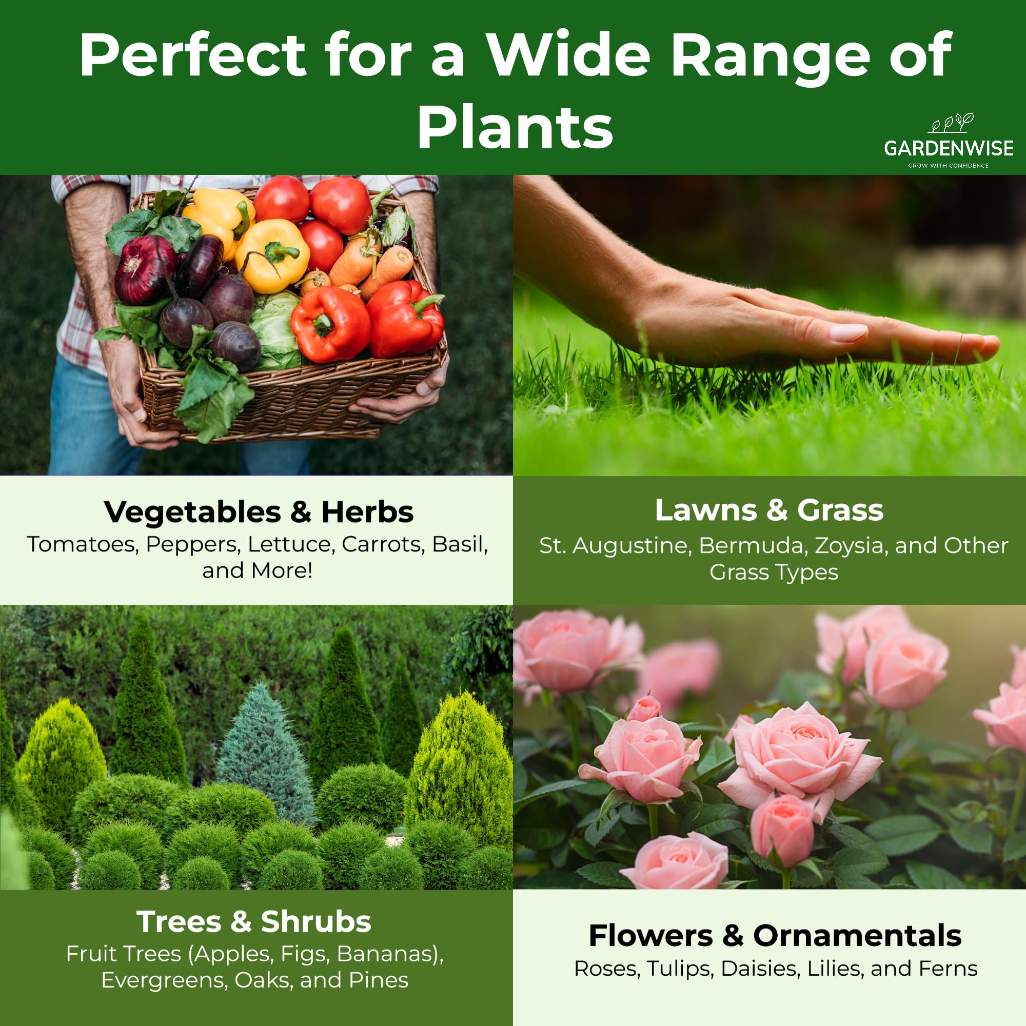 GARDENWISE aplicando fertilizante en huerto para crecimiento equilibrado