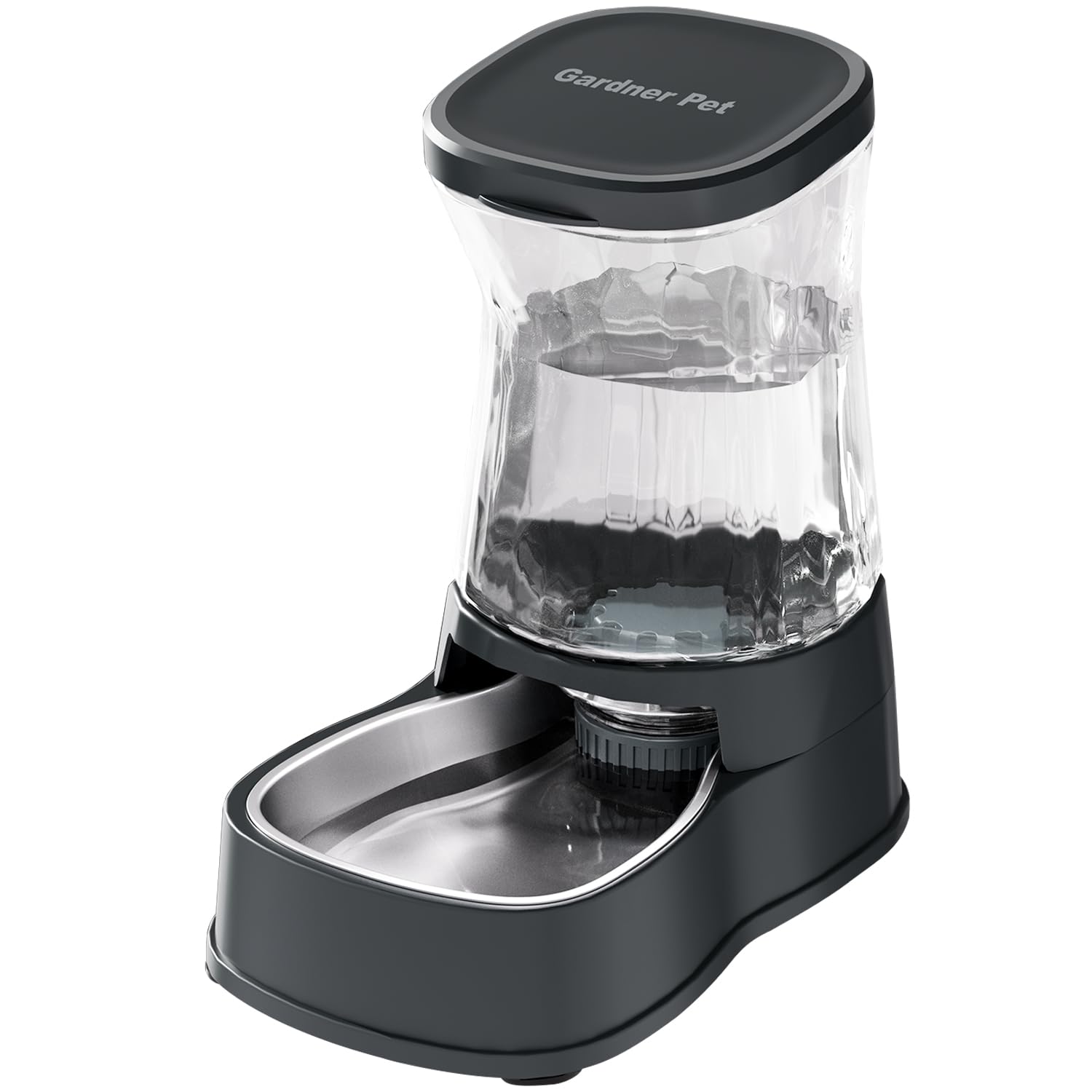 Gardner Pet vista frontal del bebedero estable con base ancha y beneficios de seguridad