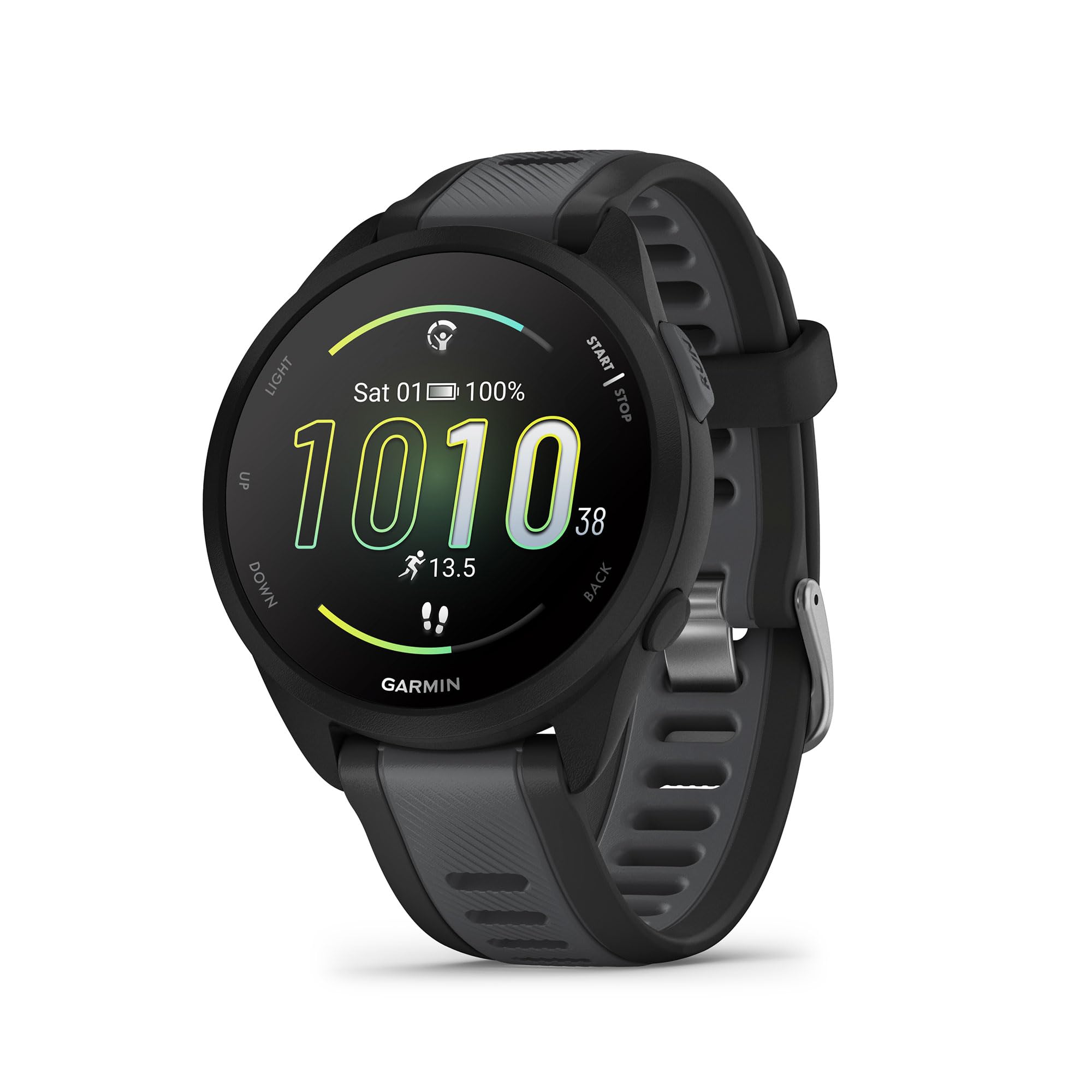 Garmin Forerunner 165 frente con pantalla AMOLED, lectura clara inmediata