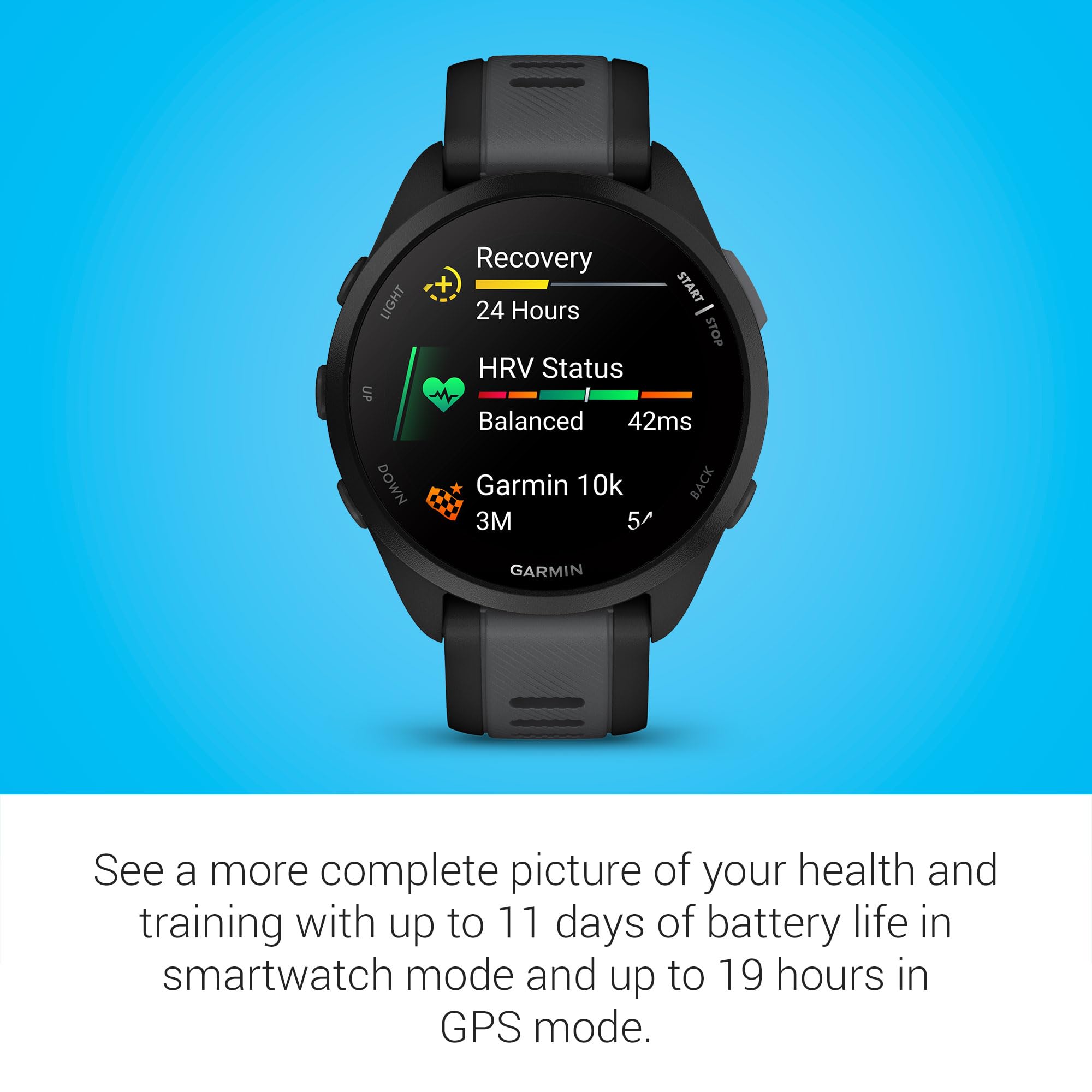 Garmin Forerunner 165 informe matutino con métricas, visión rápida de recuperación