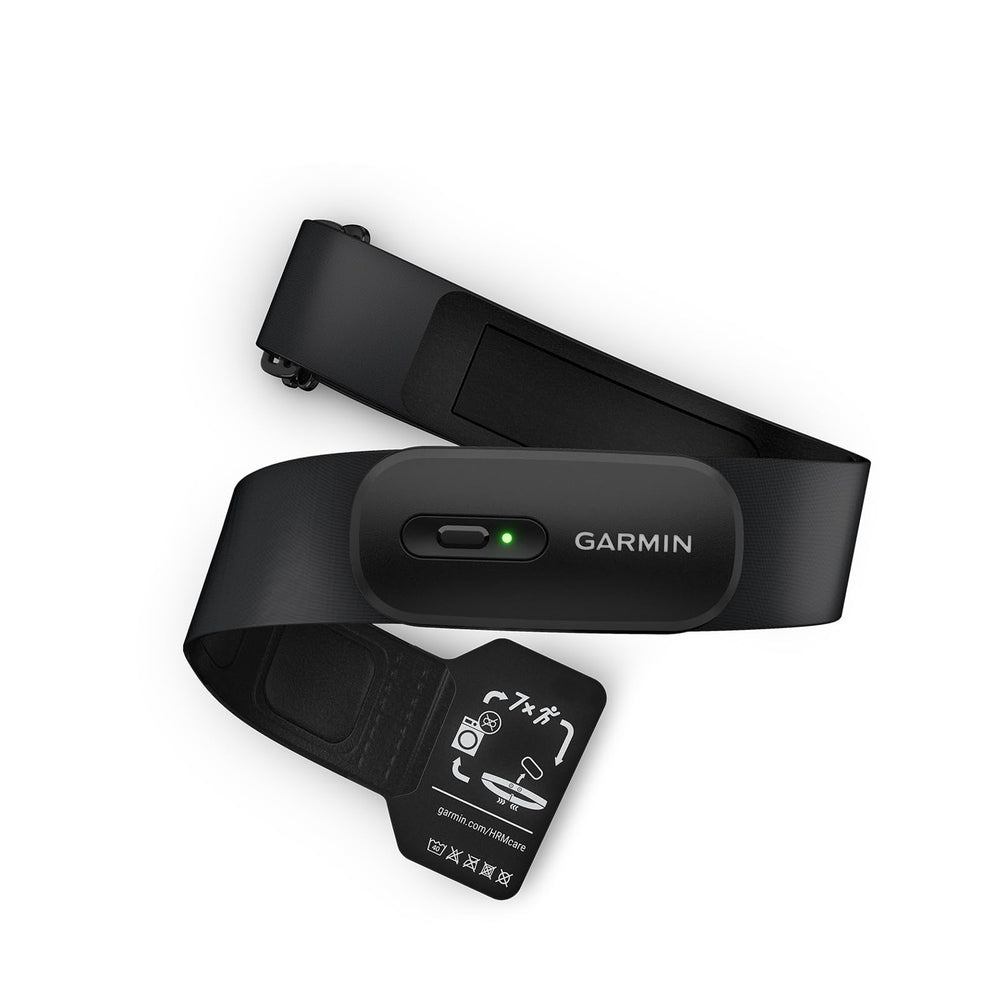 Garmin HRM 200 vista frontal con módulo y correa, precisión en seguimiento