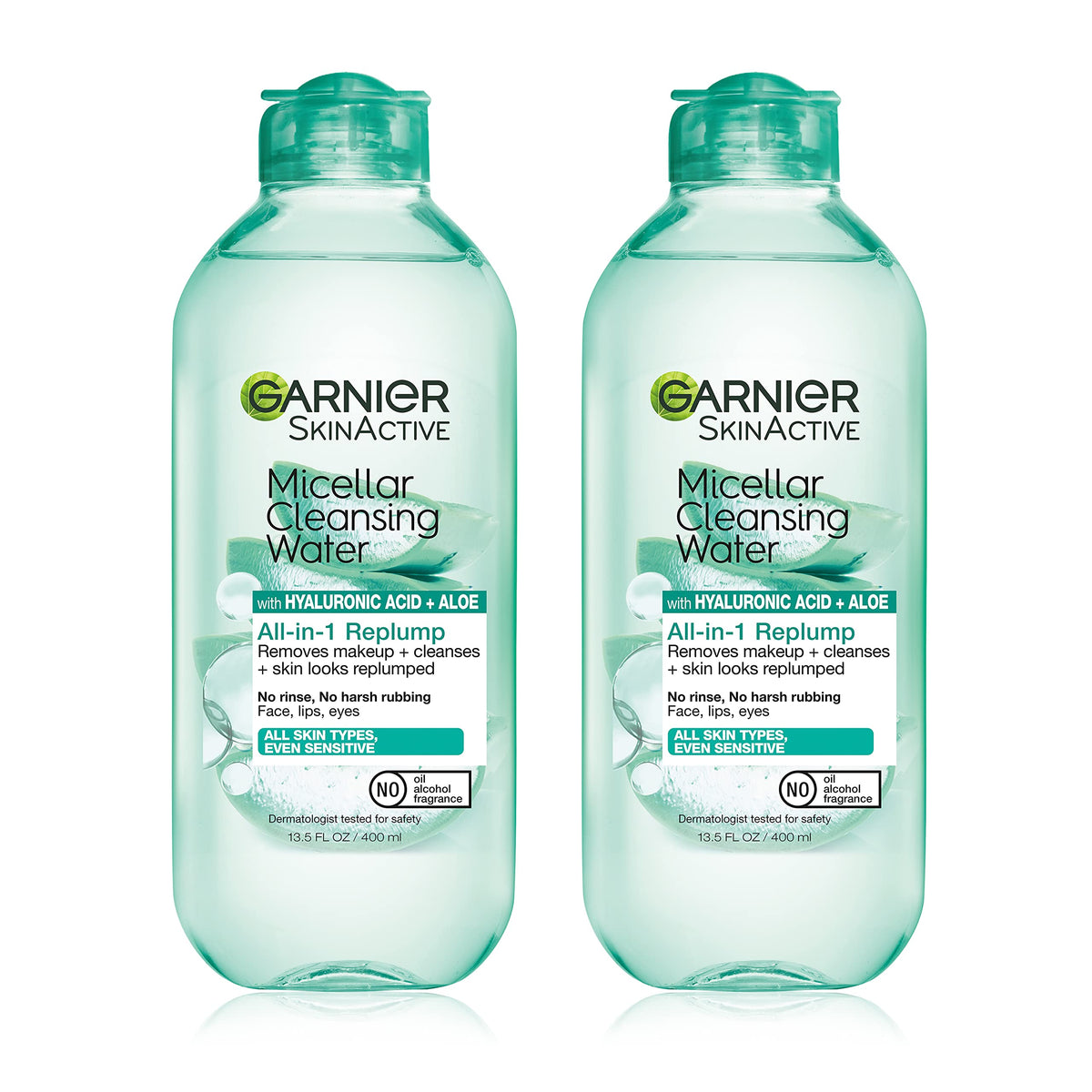 Garnier botella frontal 400 ml mostrando el envase y beneficio de limpieza suave