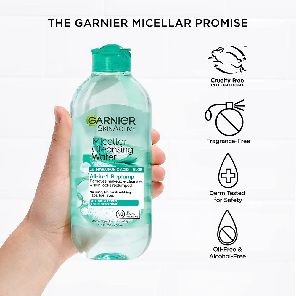 Garnier etiqueta con ingredientes resaltando ácido hialurónico y aloe calmante