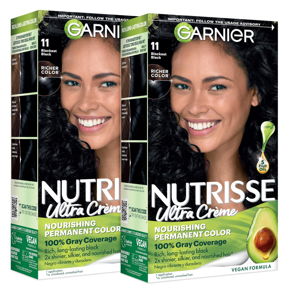 Garnier empaque frontal mostrando tono 11 Blackest Black y beneficios