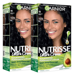 Garnier empaque frontal mostrando tono 11 Blackest Black y beneficios
