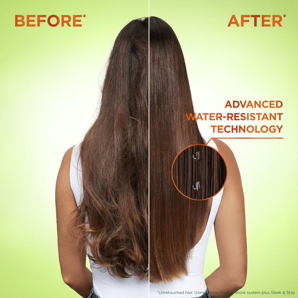 Garnier Fructis kit sobre superficie ilustrando rutina de tres pasos