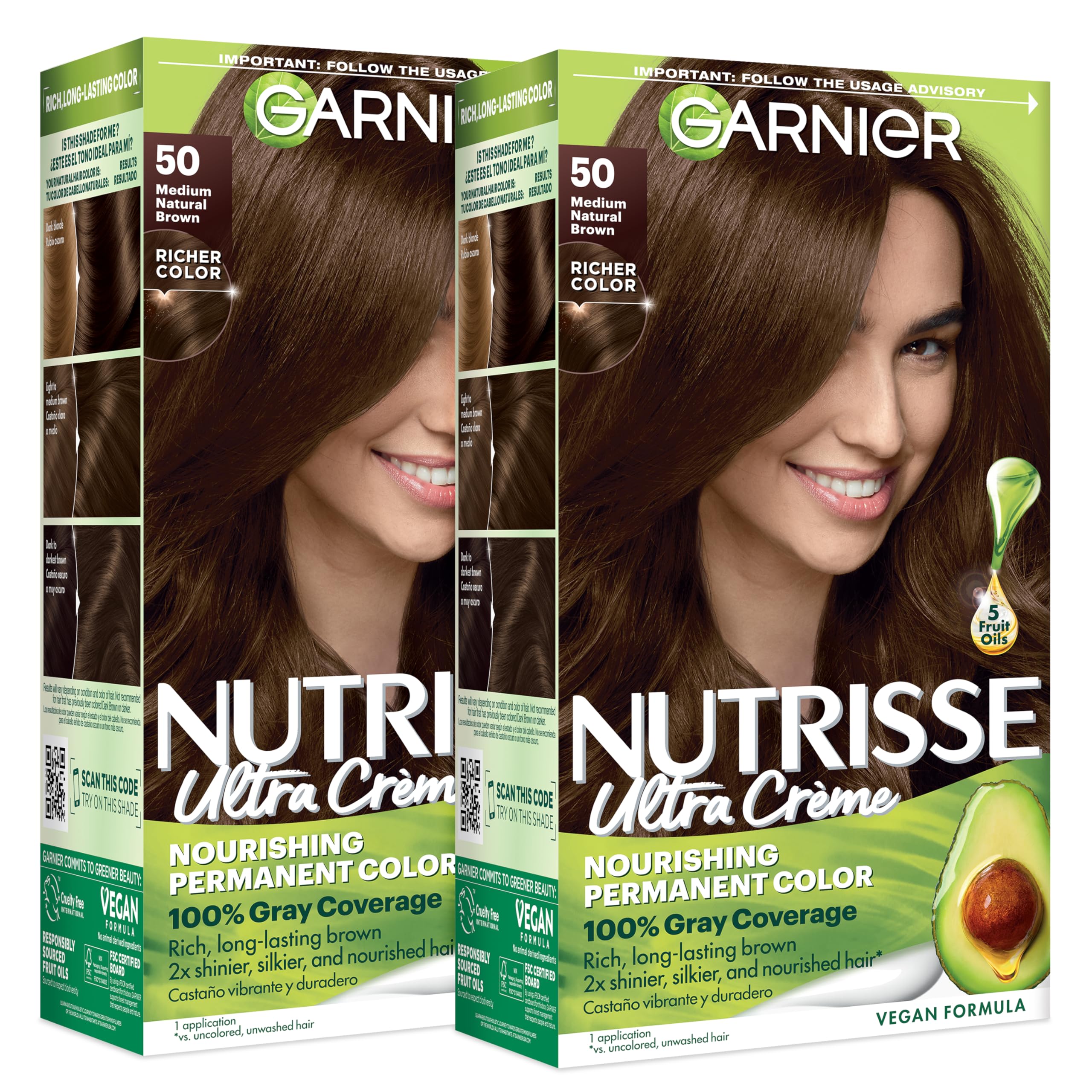 Garnier caja frontal mostrando tono 50 medium natural brown y beneficio cobertura total