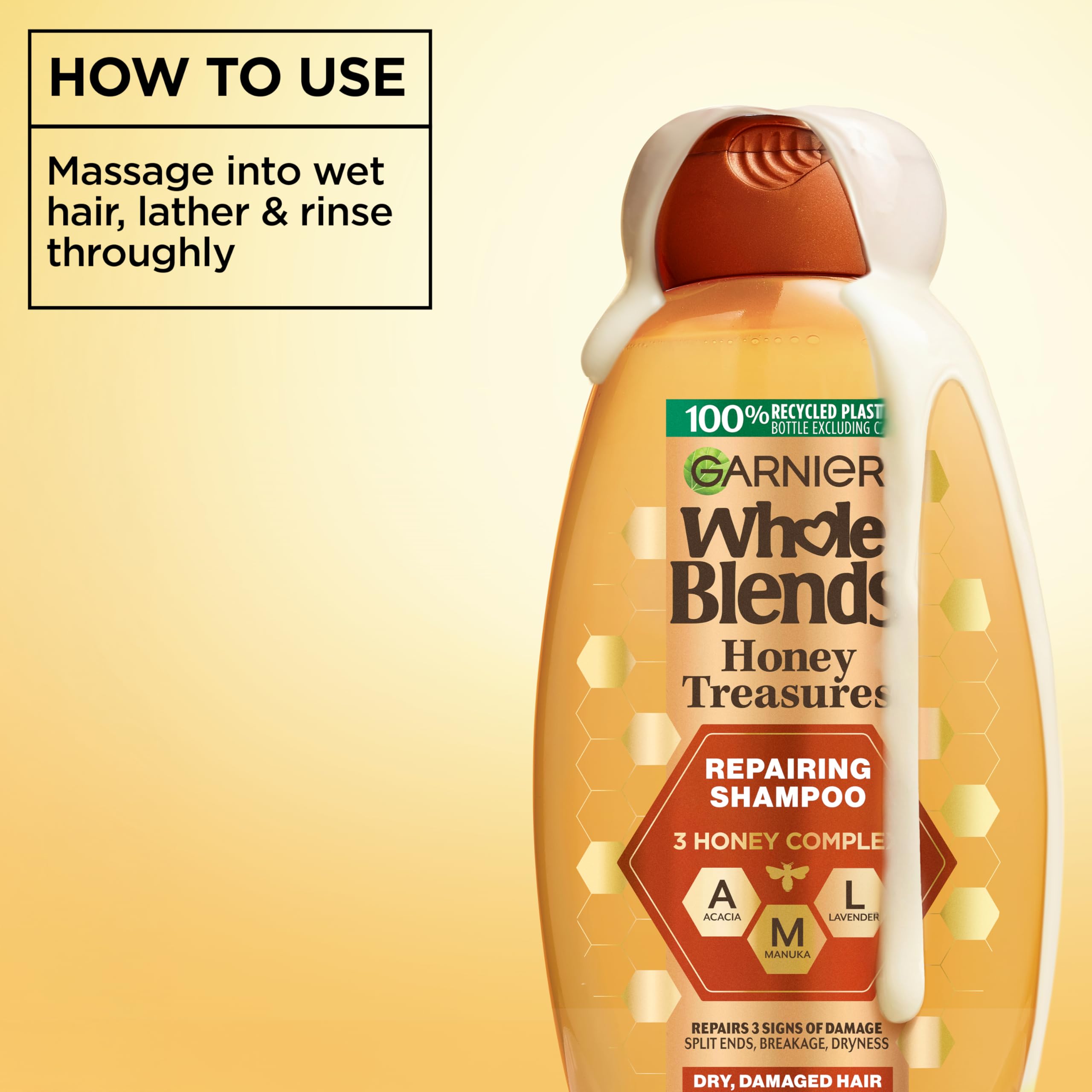 Garnier Whole Blends primer plano de etiqueta con lista de ingredientes clave