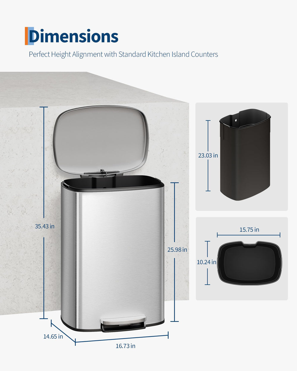 GarveeHome comparación de tamaño con persona, capacidad de 13 galones