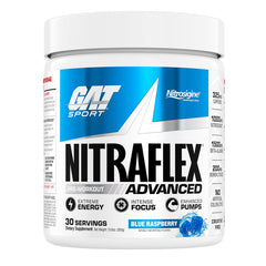 GAT SPORT bote frontal de NITRAFLEX Advanced sabor Frambuesa Azul mostrando el envase