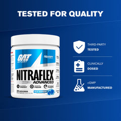 GAT SPORT NITRAFLEX junto a una pesa para comparar el tamaño del envase y porciones