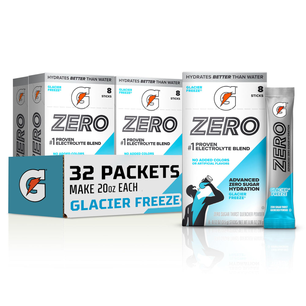 Gatorade paquete frontal Glacier Freeze mostrando 32 sobres y conveniencia