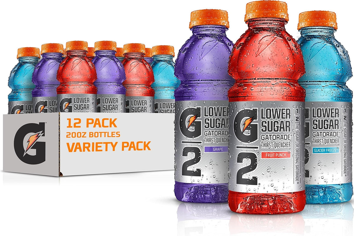Gatorade G2 pack frontal mostrando las 12 botellas y variedad de sabores
