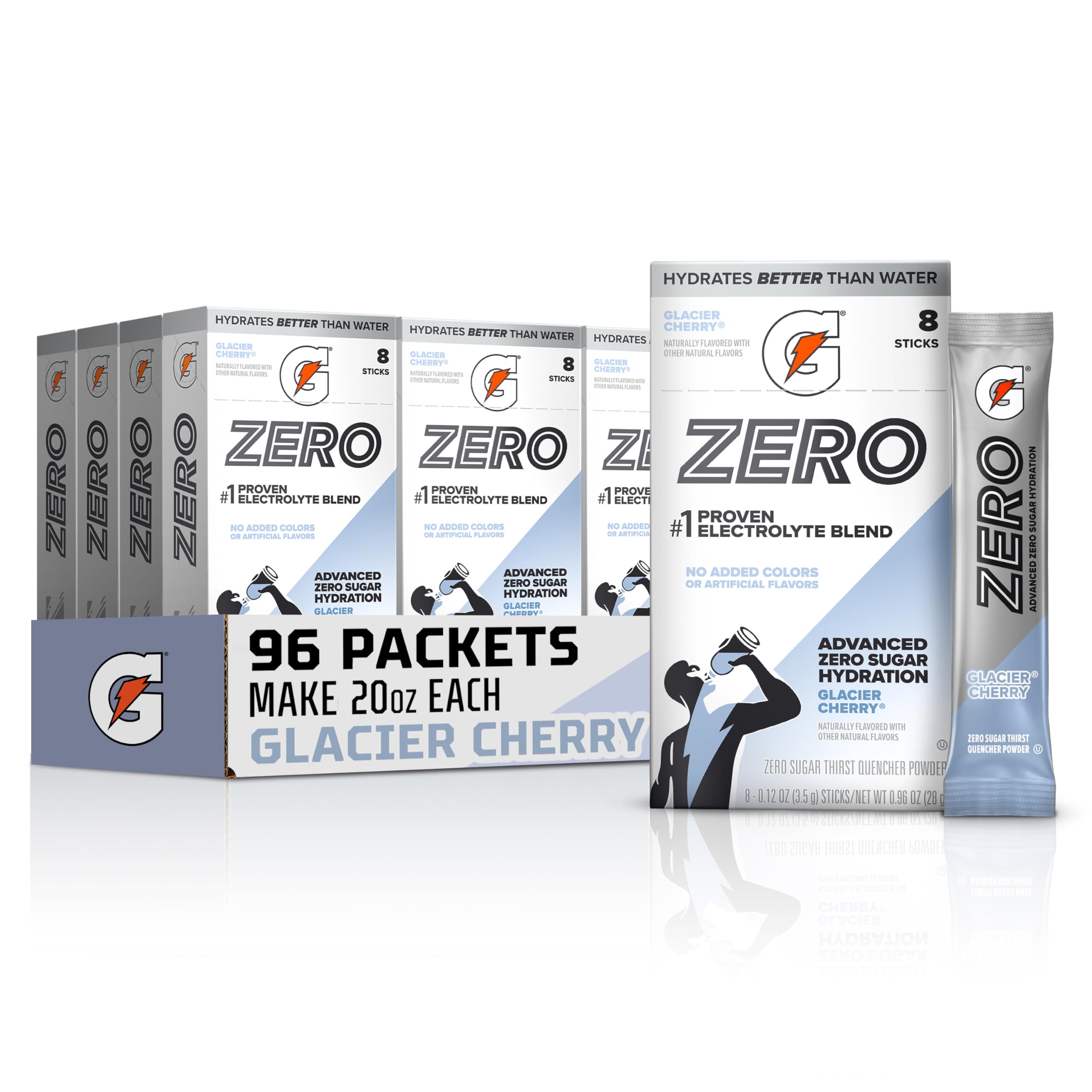 Gatorade Glacier Cherry frente del paquete mostrando 96 sobres, hidratación práctica