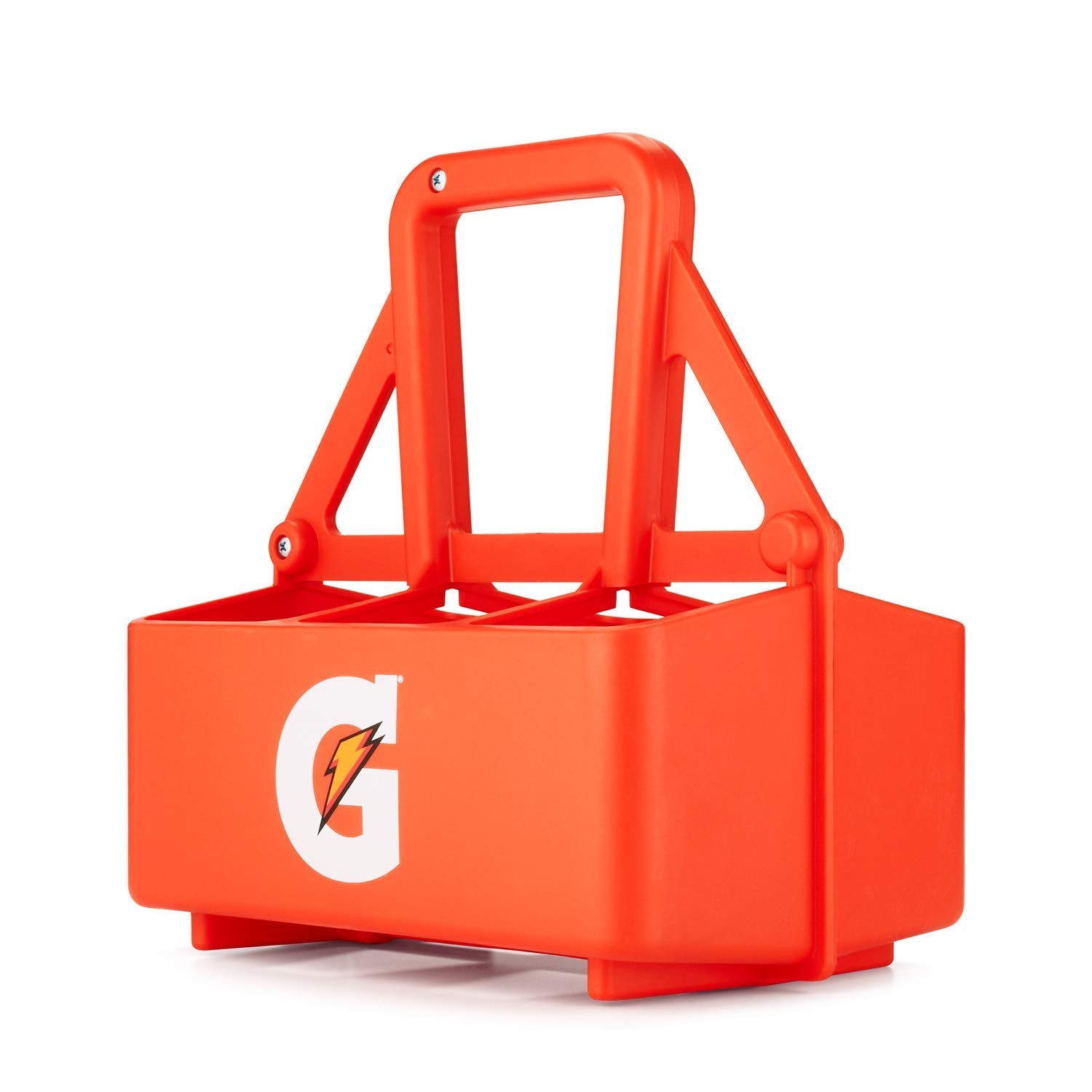 Gatorade orange carrier front view showing six bottle slots and portability