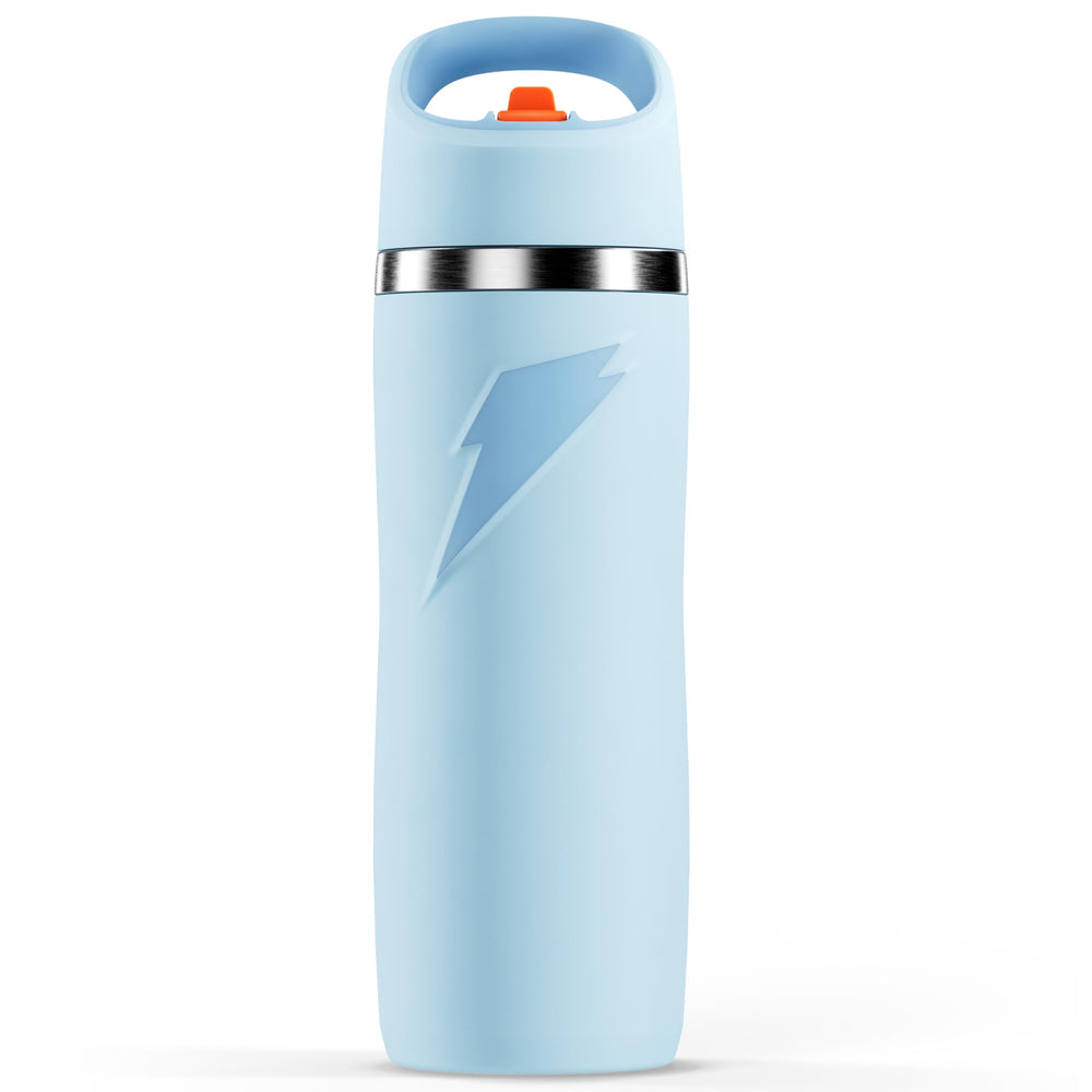 Gatorade botella Overtime vista frontal color azul, diseño resistente