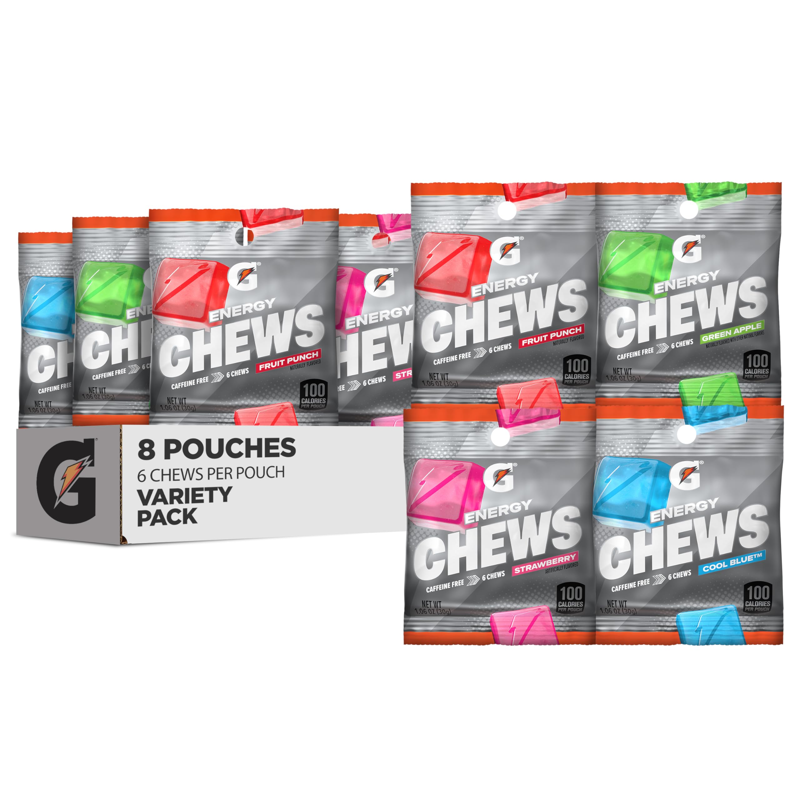 Gatorade pouch frente mostrando diseño y variedad de sabores, práctico para deporte