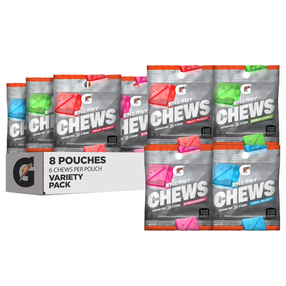 Gatorade pouch frente mostrando diseño y variedad de sabores, práctico para deporte