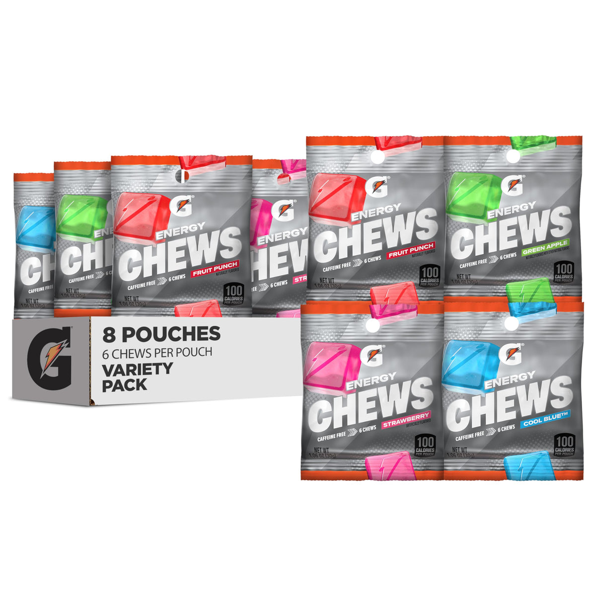 Gatorade pouch frente mostrando diseño y variedad de sabores, práctico para deporte